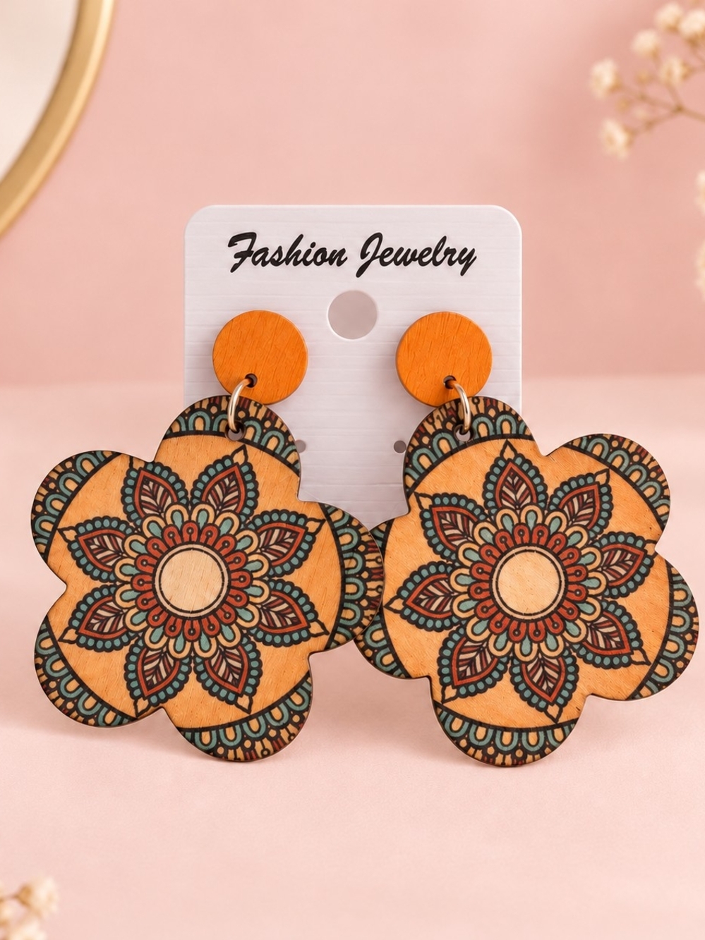 Fashion Jewelry Orange and Teal Floral Mandala Wooden Drop Earrings